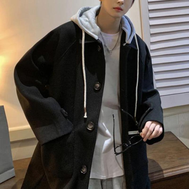 Yousheng Men Woolen Coat Hooded Drawstring Long Sleeve Single Breasted Jacket Coat with Large Pockets Long Windbreaker