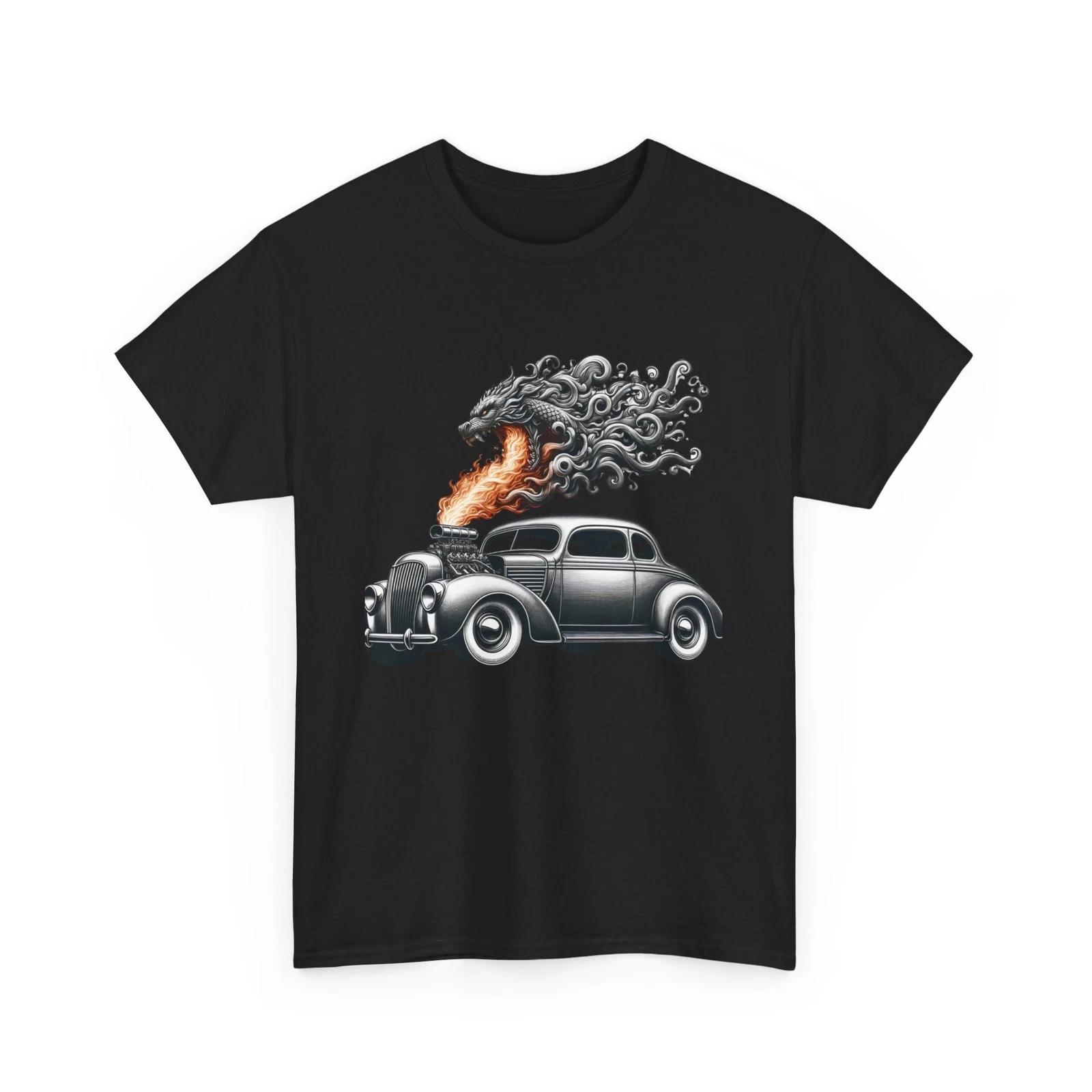 Unisex Adult T Shirt Vintage Style Car Dragon Flames Retro Racing HotRod Garage L