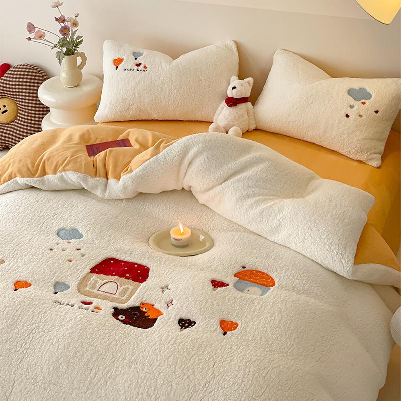 Cartoon Lamb Fleece Four-Piece Set Thickened Milk Fleece Bed Sheet Quilt Cover Coral Fleece Fleece Bedding