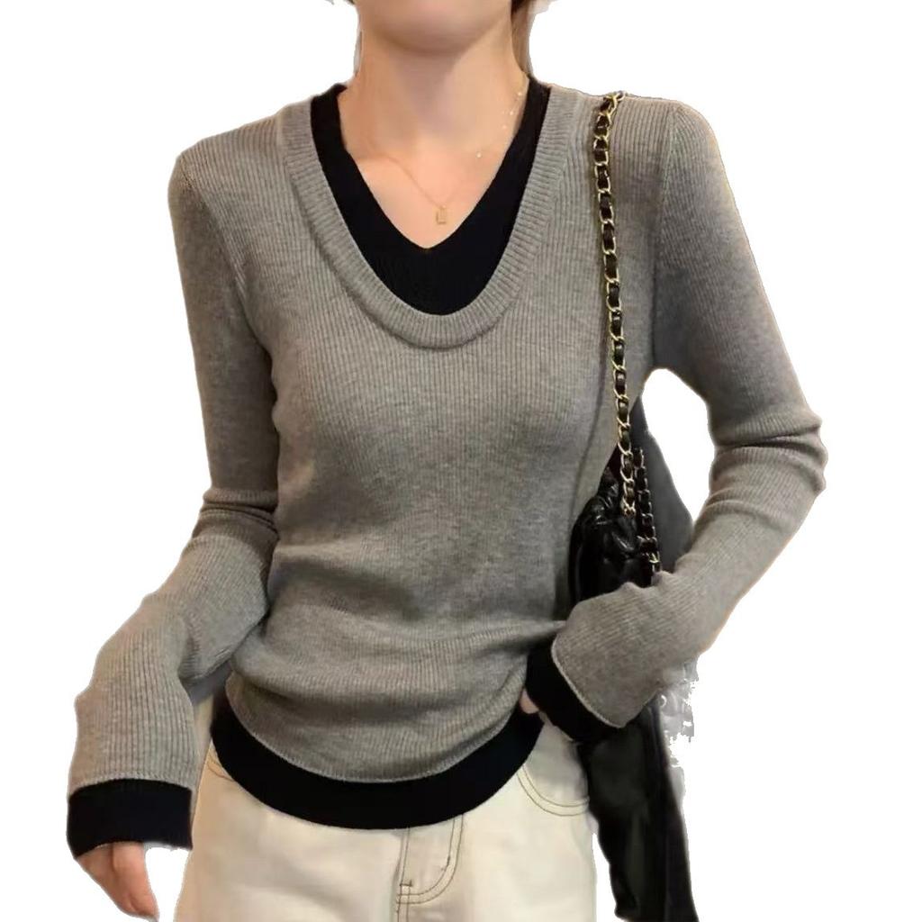 Color-block fake two-piece patchwork knit sweater, new slim autumn/winter slimming long-sleeve sweater base top for women