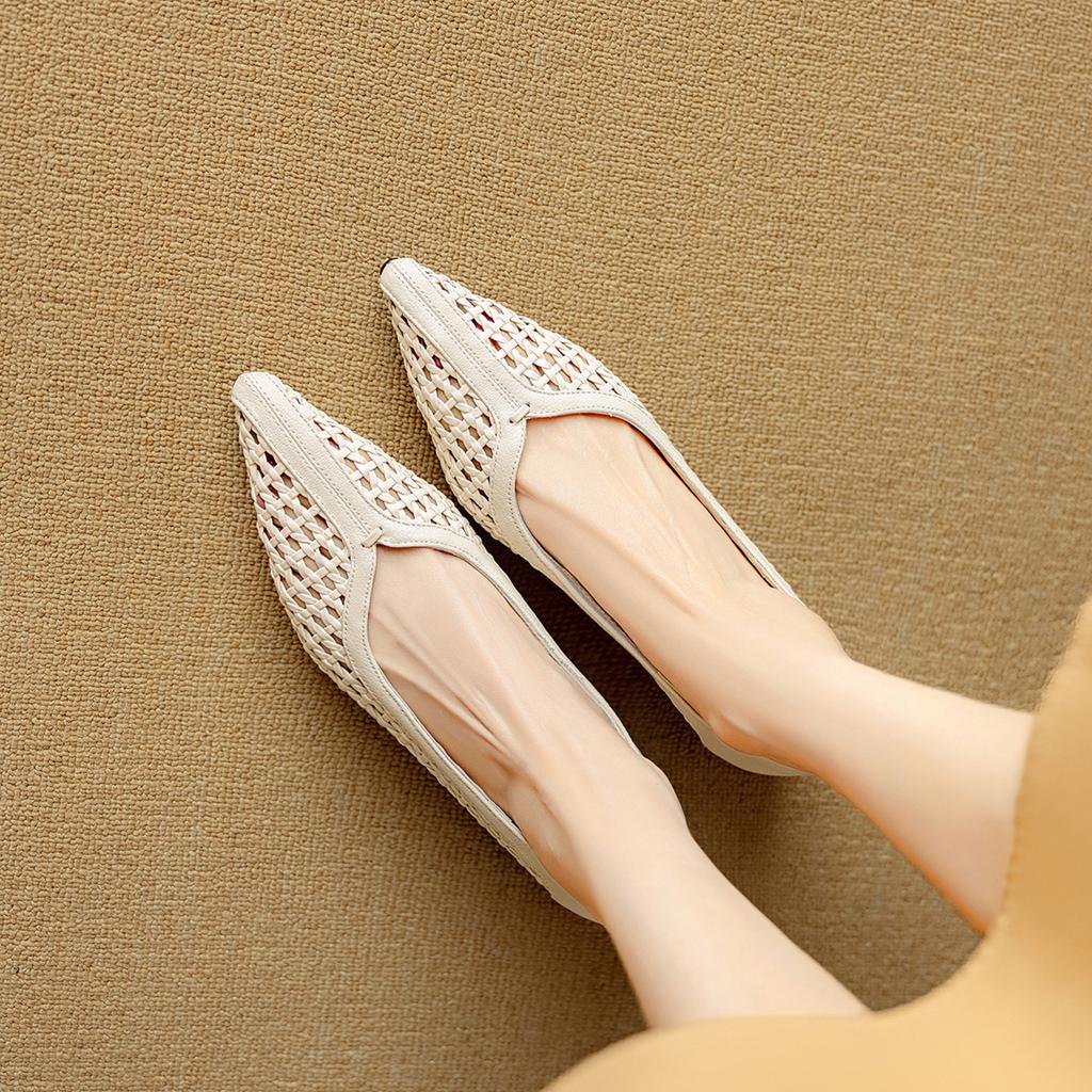 2025 New Leather French with Skirt Woven Mesh Pointed Middle Heel Hollow Breathable Single Shoes One Pedal Women's Shoes