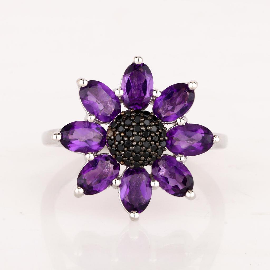 Amethyst Flower Ring, 925 Sterling Silver Black Spinel Cluster Statement Floral Jewelry