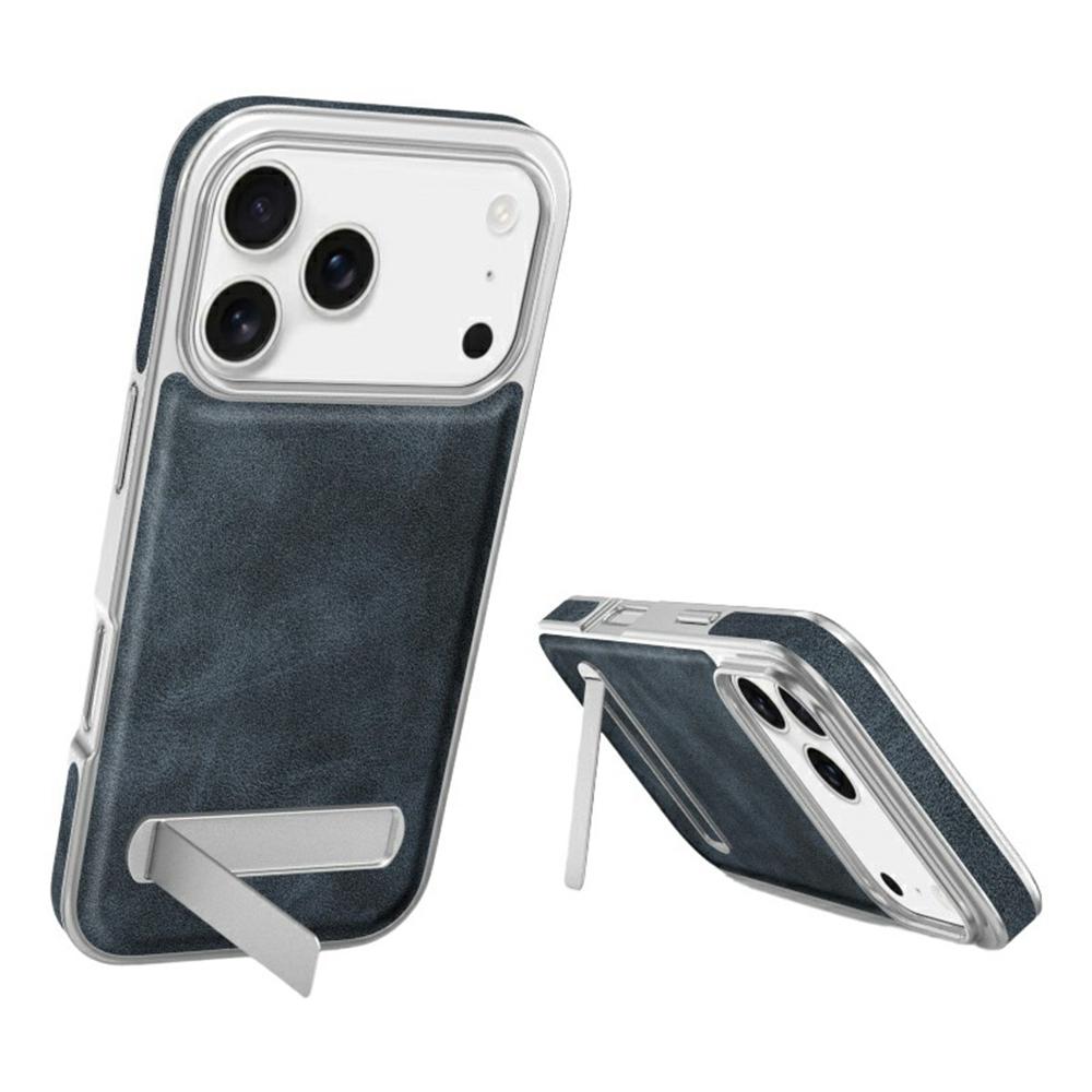 For iPhone 17 Pro Max Case with Hidden Kickstand Leather + PC + TPU Matte Electroplated Phone Cover