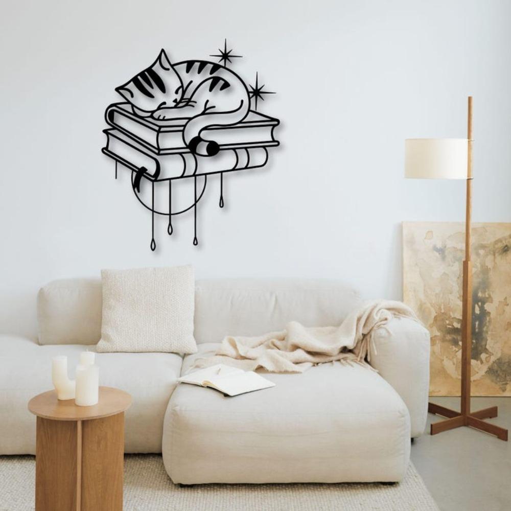 Sleeping Cat On Books Metal Wall Art Cat Lover Home Decor Cozy Reading Nook Sign Minimalist Feline Silhouette