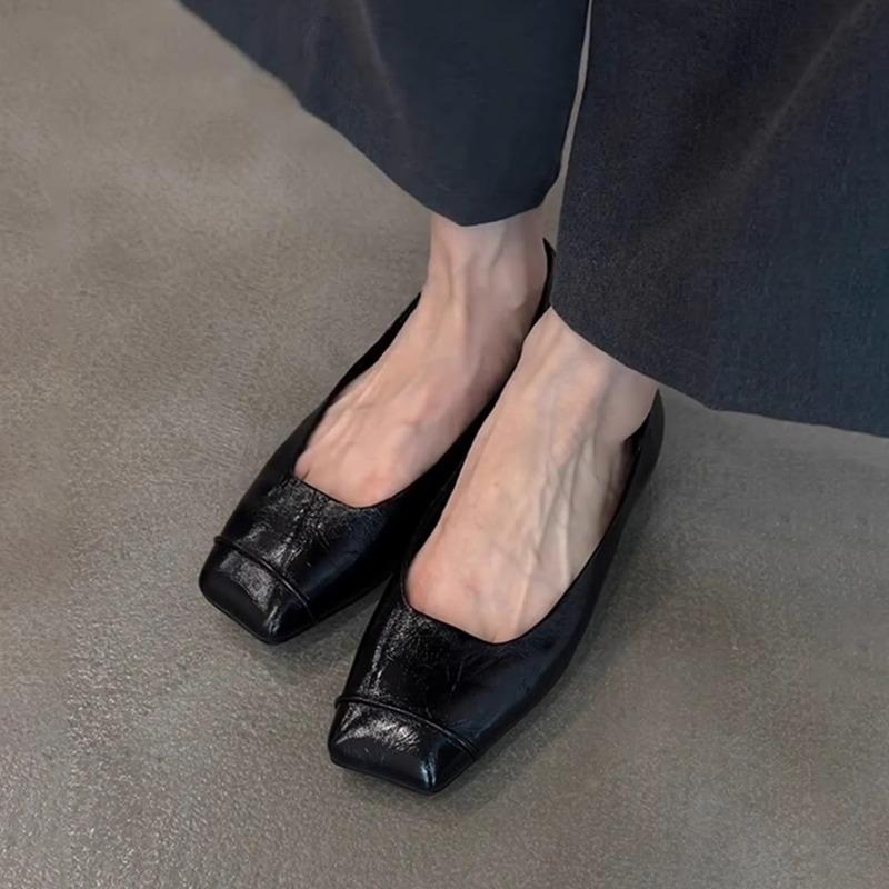 Sheepskin version black retro thin leather comfortable commuting flat shoes women's minimalist square head one pedal small single shoes