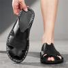 Men Slippers Handmade Simple Flats Brown Leather Sandals Outdoor Summer Roman Sandals Closed Toe Beach Shoes Plus Size