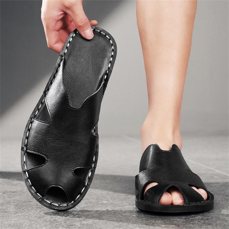 Men Slippers Handmade Simple Flats Brown Leather Sandals Outdoor Summer Roman Sandals Closed Toe Beach Shoes Plus Size
