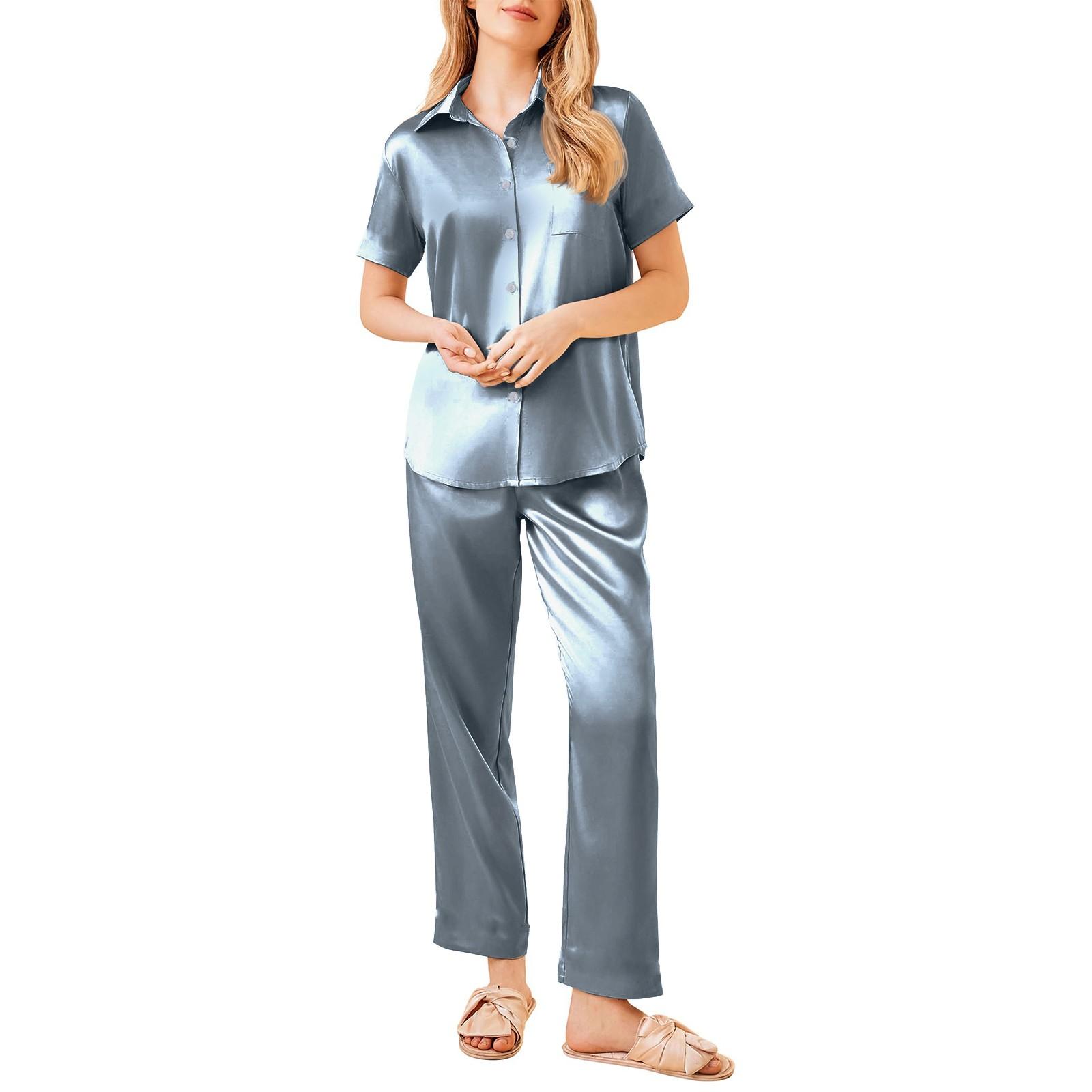 

Женский шелковый однотонный пижамный комплект, женская пижама из двух частей с короткими рукавами и длинными брюками, пижама на пуговицах и домашняя одежда XL циан