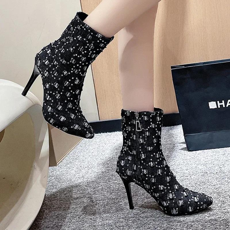 

Ковбойские ботильоны на высоком каблуке, женские блестящие туфли с острым носком, челси, тренд 2024, сексуальные туфли на шпильке, дизайнерские зимние ботинки-ботинки Mujer 40 чёрный