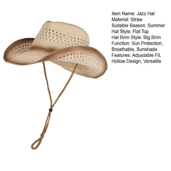 Jazz Hat Hollow Design Wide Brim Sun Hat Adjustable Drawstring Cowboy Hat Breathable Lightweight Summer Outdoor Hat