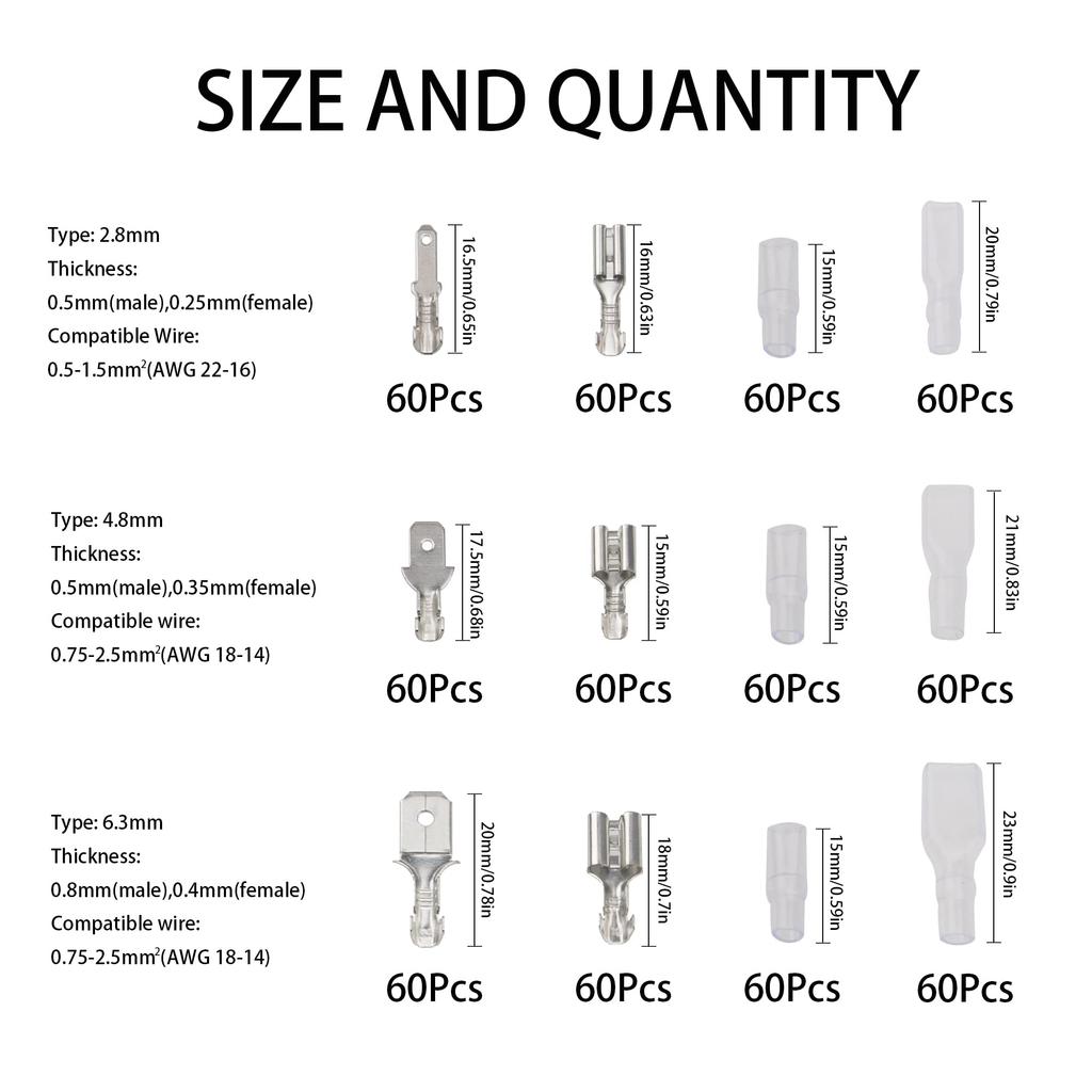 1050PCS Crimp Terminal Electrical Connector U/O Shaped Splicing Termination 2.8/4.8/6.3mm Wire Connector Cable Termination Plier