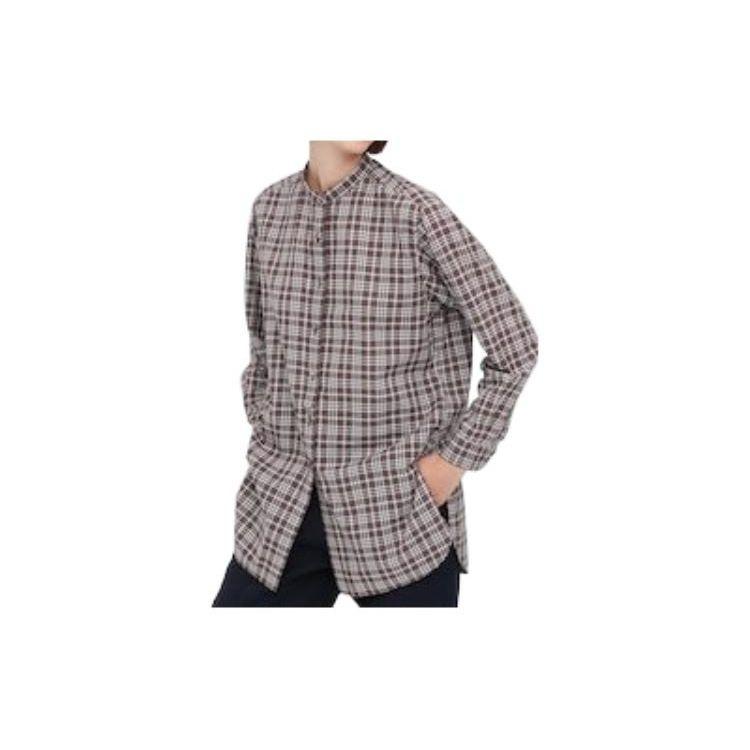 UNIQLO Plaid Stand Collar Long Sleeve Shirt Women shirts Brown 452266-39