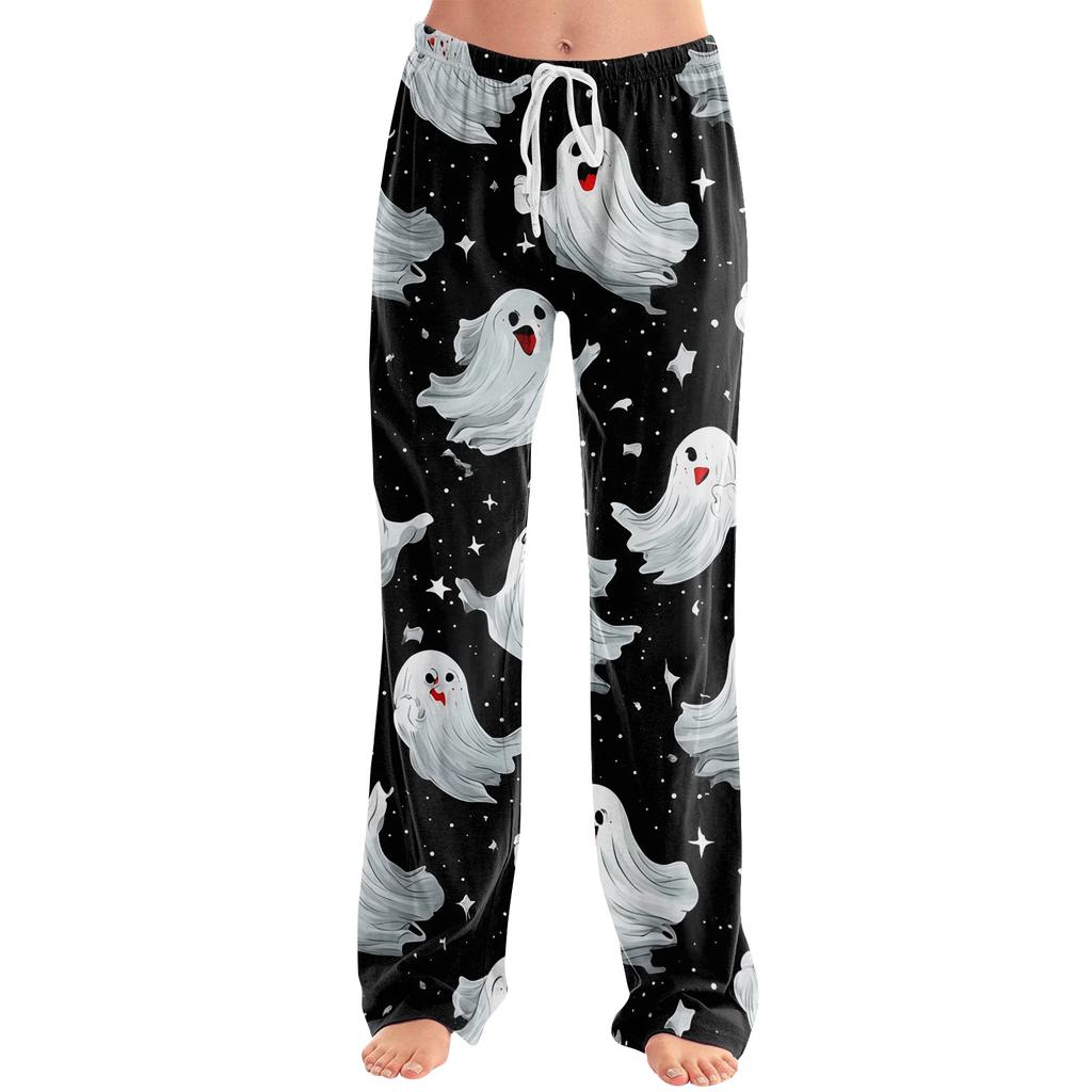 Women's Drawstring Lounge Pants Halloween Print Casual Pants Elastic Waistband Relaxed Fit Full Length Soft Fabric