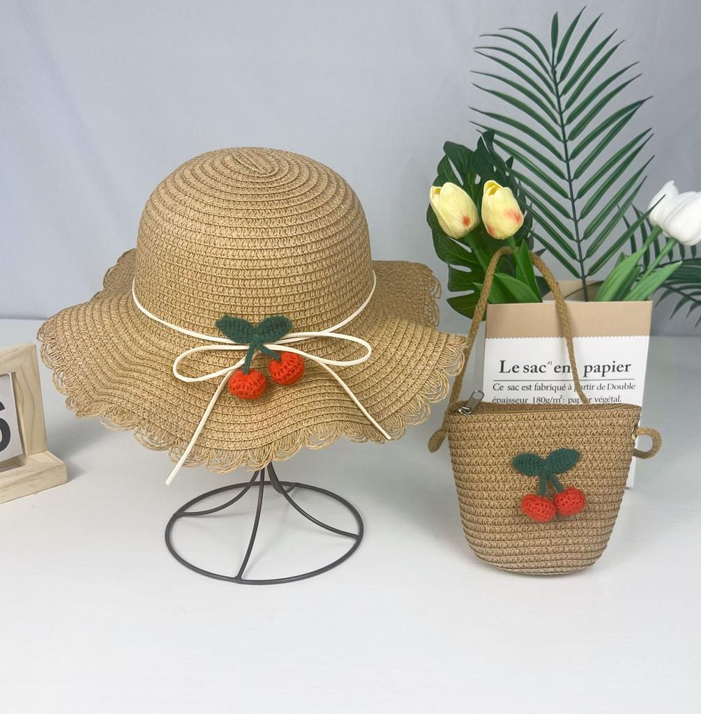 Children Straw Hat + Shoulder Bag Summer Kids Girl Baby 2pcs Set Cute Cherry Bucket Hat For Outdoor Beach Holiday