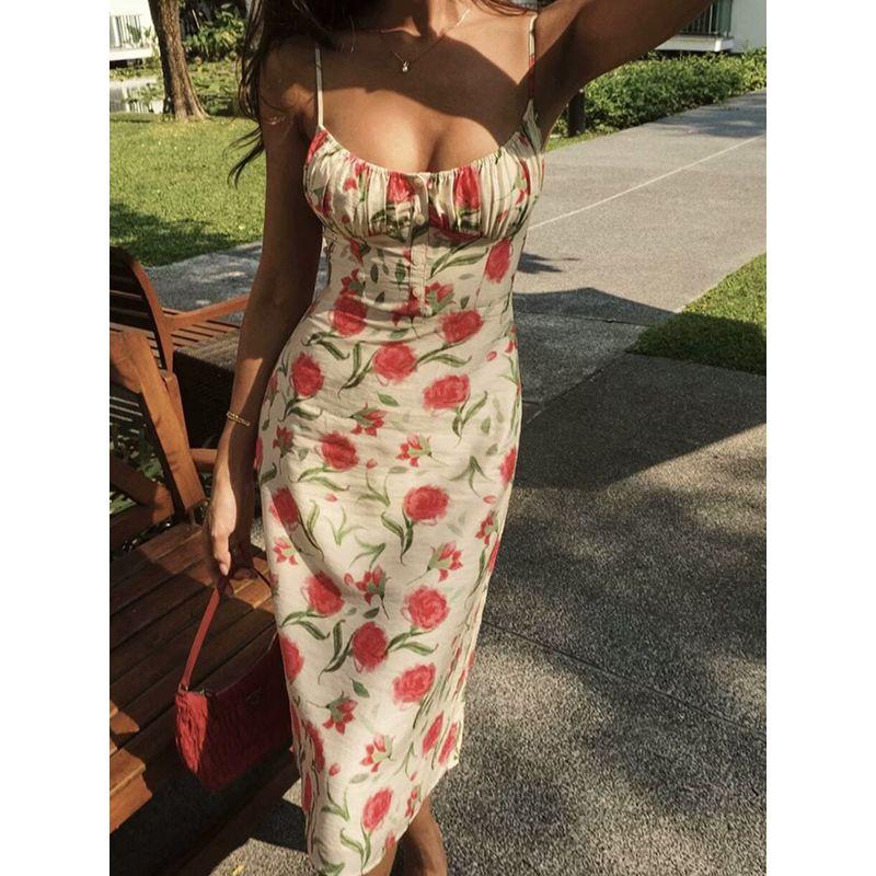 Mirror Flower Water Moon French Pure Desire Sexy Rose Floral Dress Tea Break Vacation Style Mid-Length Sling Dress Female