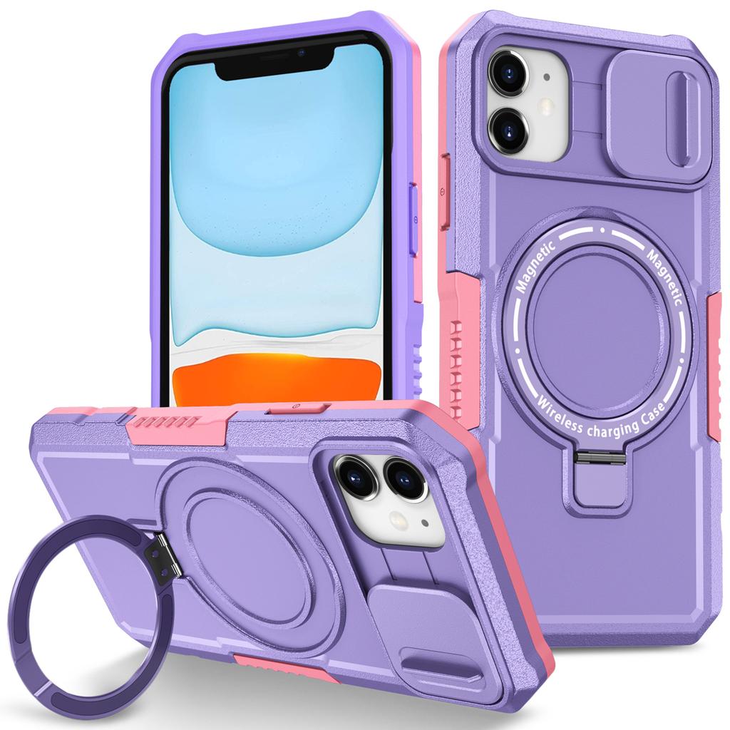 For iPhone 11 Case Invisible Magnetic Kickstand PC+TPU Phone Shell Built-in Sliding Lens Cover