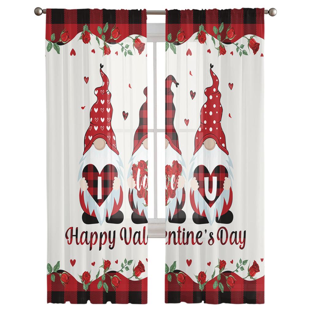 Valentine 'S Day Gnome Love Roses Tulle Curtains For Living Room Kitchen Sheer Voile Curtain Bedroom Window Panels