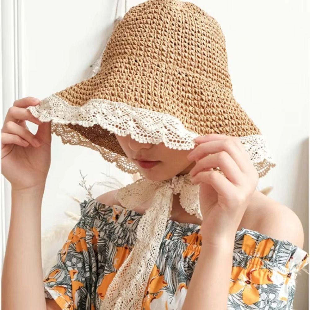 Large Edge French-style Straw Hat Wide Brim Panama Cap Handmade Beach Bucket Hat  Beach Side