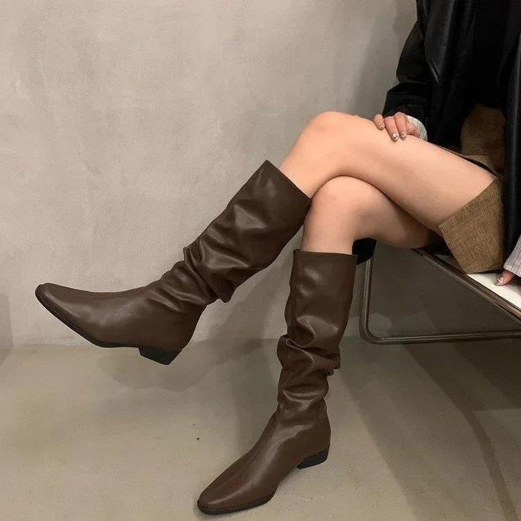 Coarse Heeled Mid Heeled Knight Boots for Women New Autumn Western Slim Square Toe Low Heeled Pleated Pile Boots Platform Shoes