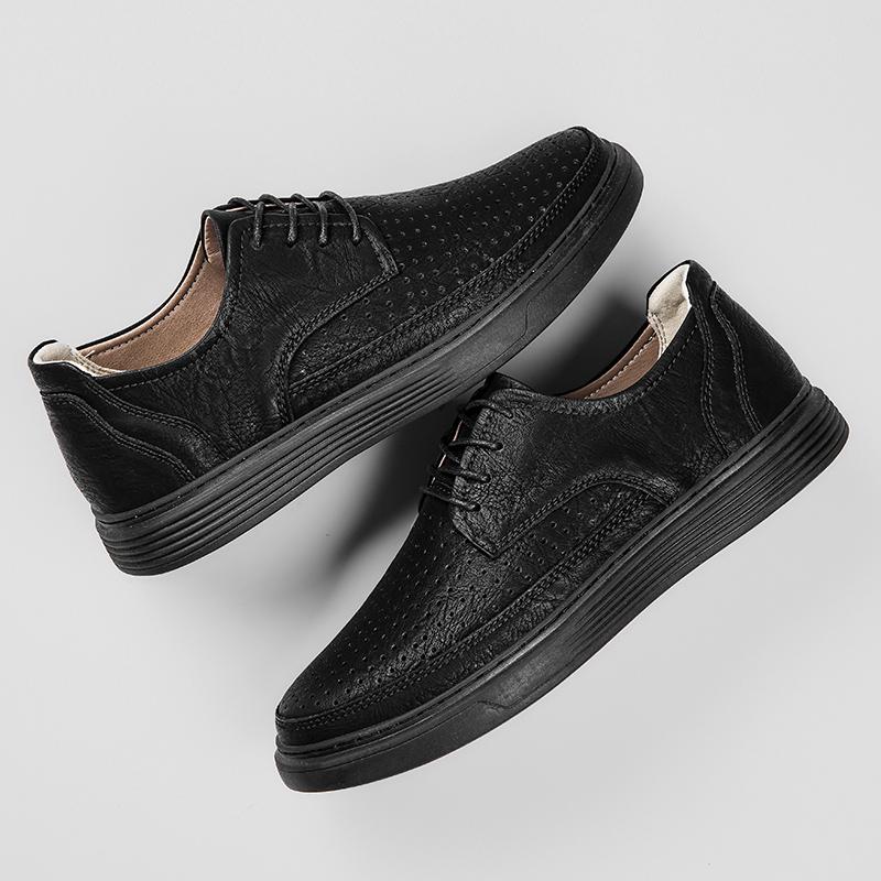 Fashion 2025 Big Size Leather Lace-up Casual Shoes for Men Air Cushion Platform Shoes with Perforated Design Comfortable Walking Shoes