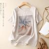 Retro Cotton Linen Print Women's T-shirts Summer Loose Round Neck Short Sleeve Casual Tops