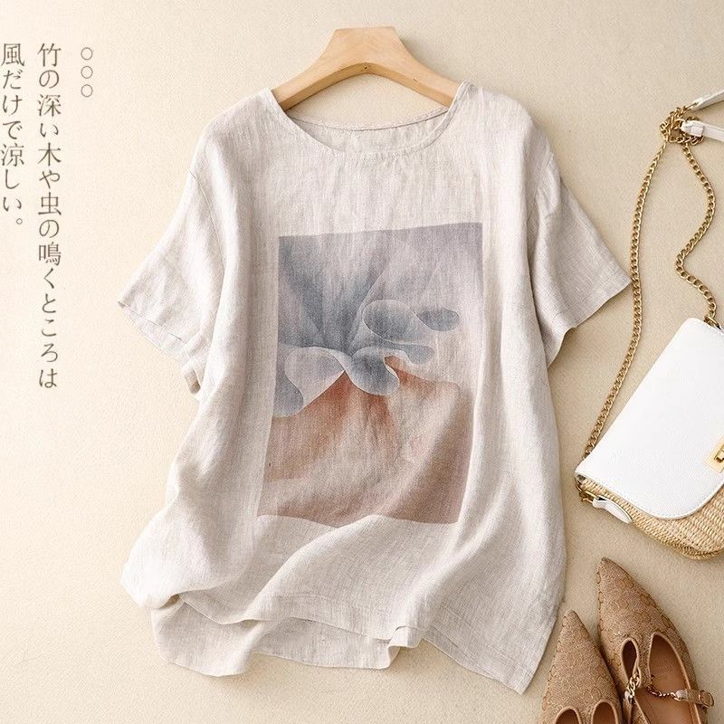 Retro Cotton Linen Print Women's T-shirts Summer Loose Round Neck Short Sleeve Casual Tops