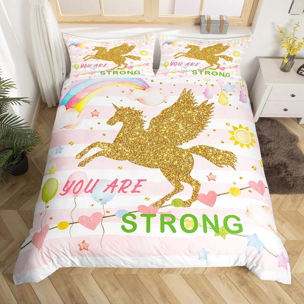 Unicorn Duvet Cover Set Cartoon Galaxy Rainbow Colourful Unicorn Cute Romantic Theme For Kids Girls Polyester Comforter Cover