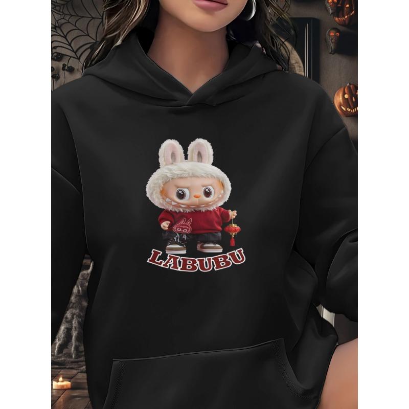 

Толстовка с капюшоном Labubu Cartoon Print для женщин - повседневный свитер с длинными рукавами и карманом-кенгуру из мягкой полиэстеровой смеси, пригодна для машинной стирки XL