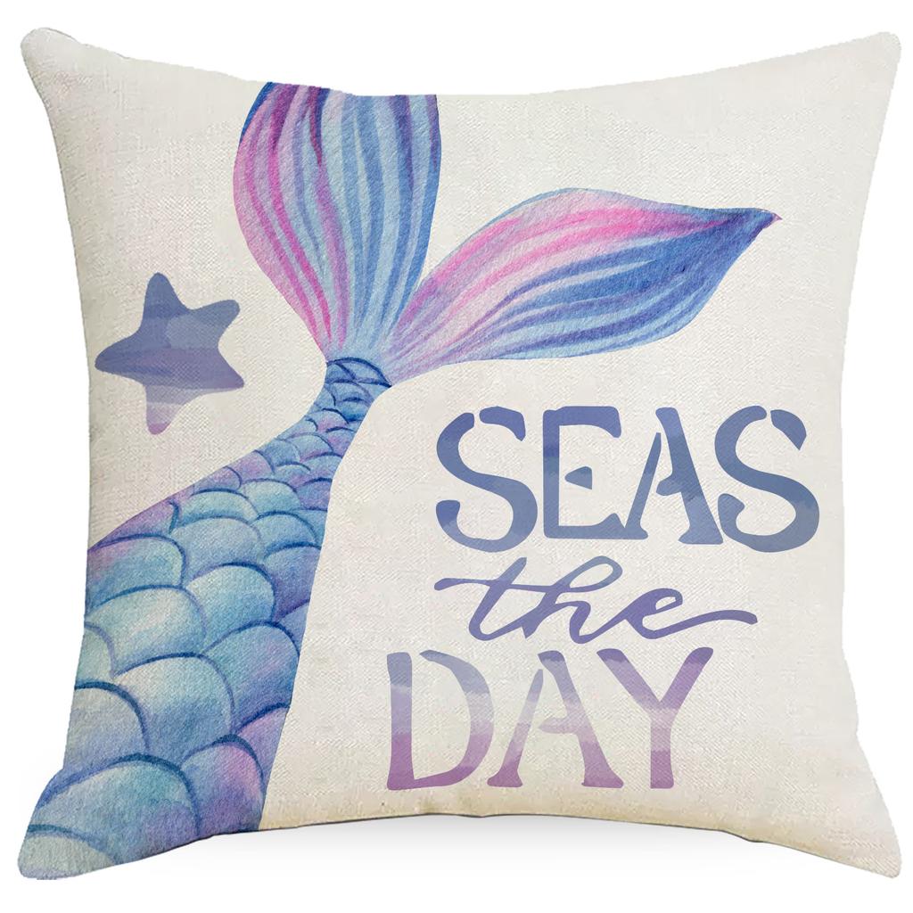 New Ocean Pillow Case Mermaid Tail Blue Purple Line Print Home Sofa Pillow Case