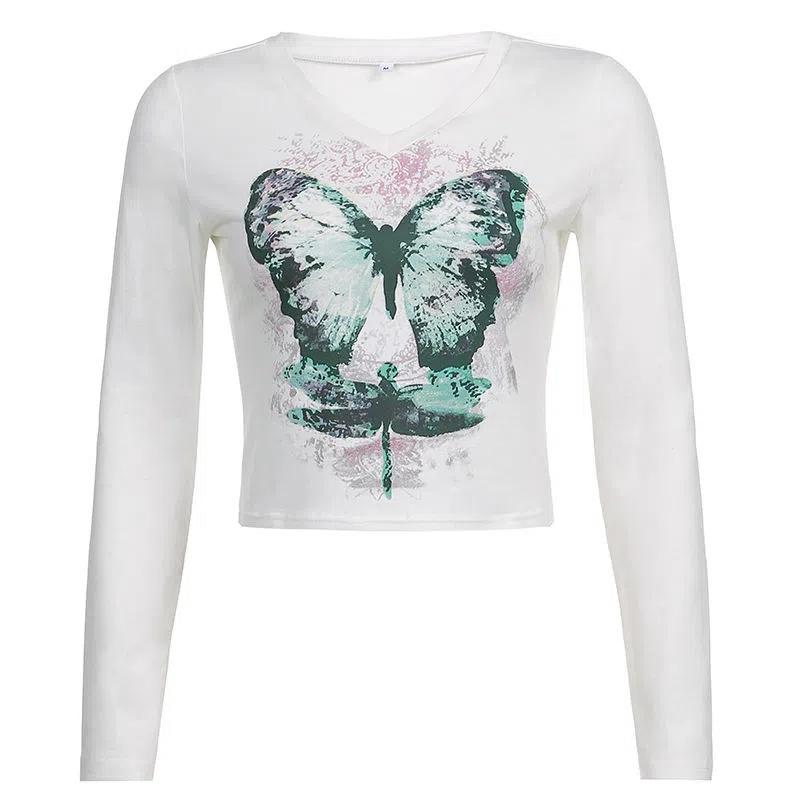 Vintage Butterfly Printed V-neck White Top Women's Spring Autumn All-match Long Sleeve Slim Casual T-Shirts Streetwear