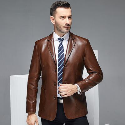 Wiosenna i jesienna nowa męska skórzana kurtka cienka pluszowa klapa wysokiej klasy biznesowa marynarka typu slim fit