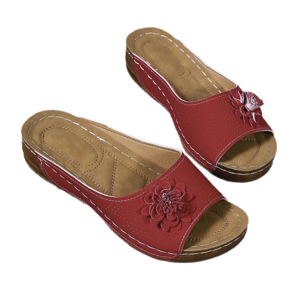 South East Asia Large Size Thick Bottom Hollow One-Word Slippers Open-toed Flower Slope Heel Beach Cool Slippers