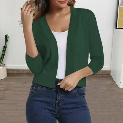 Women Knitting Cardigan Collarless 3/4 Sleeve Short Knitting Jacket Solid Color Open Stitching Knitted Outerwear