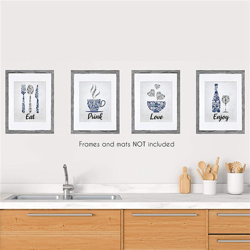 

8X Blue Navy Cobalt Grey White Vintage Inspirational Kitchen Cafe Bar Wall Art Decorations Eat Drink Love Wine