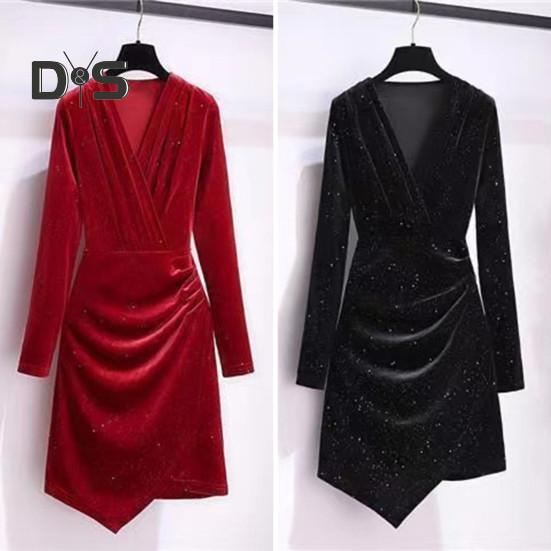 Ženy Krátké šaty Výstřih do V Dlouhé rukávy Skládaný Pure Color Slim Fit Pochva Nepravidelný lem OL Dojíždění Párty Ples Mini šaty Večerní akce