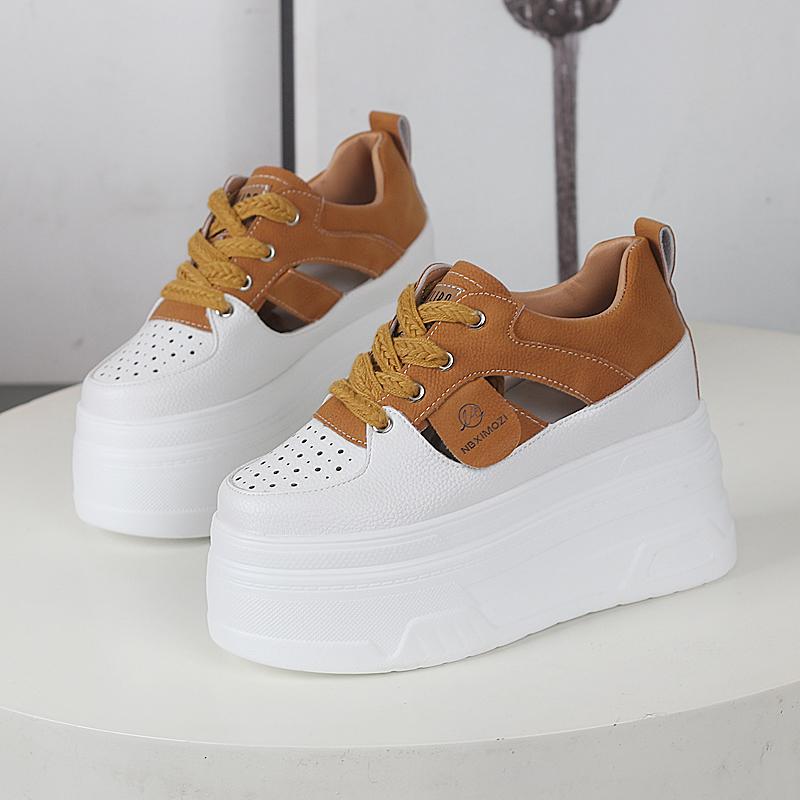 Fashion 12CM Genuine Leather Vulcanized Platform Wedge Casual Women Summer Shoes Fashion Sneakers Hollow Heels Increase Shoes