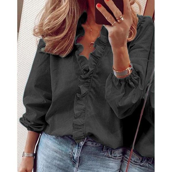 S-5XL New Print Women Ruffled Blouse Shirt Female Slim Fit Long Sleeve Blouses Women Clothes V-neck Tops Plus Size