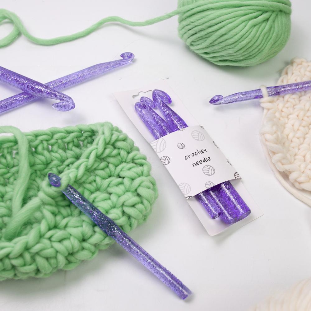 Purple Glitter Plastic Transparent Sequin Crystal Crochet Hook 10+12+15mm Wool Knitting Crochet Set