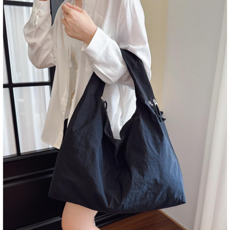 Casual Nylon Shoulder Bag Multi-Pocket Double Zipper High Capacity Tote Bag 2026 Fashion Solid Color Handbags Shopping Bag