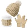 3pcs Soft Solid Color Hat Scarf Gloves Set Cute Pompom Thickened Knitted Hat with Velvet Keep Warm Beanie Hat Kids