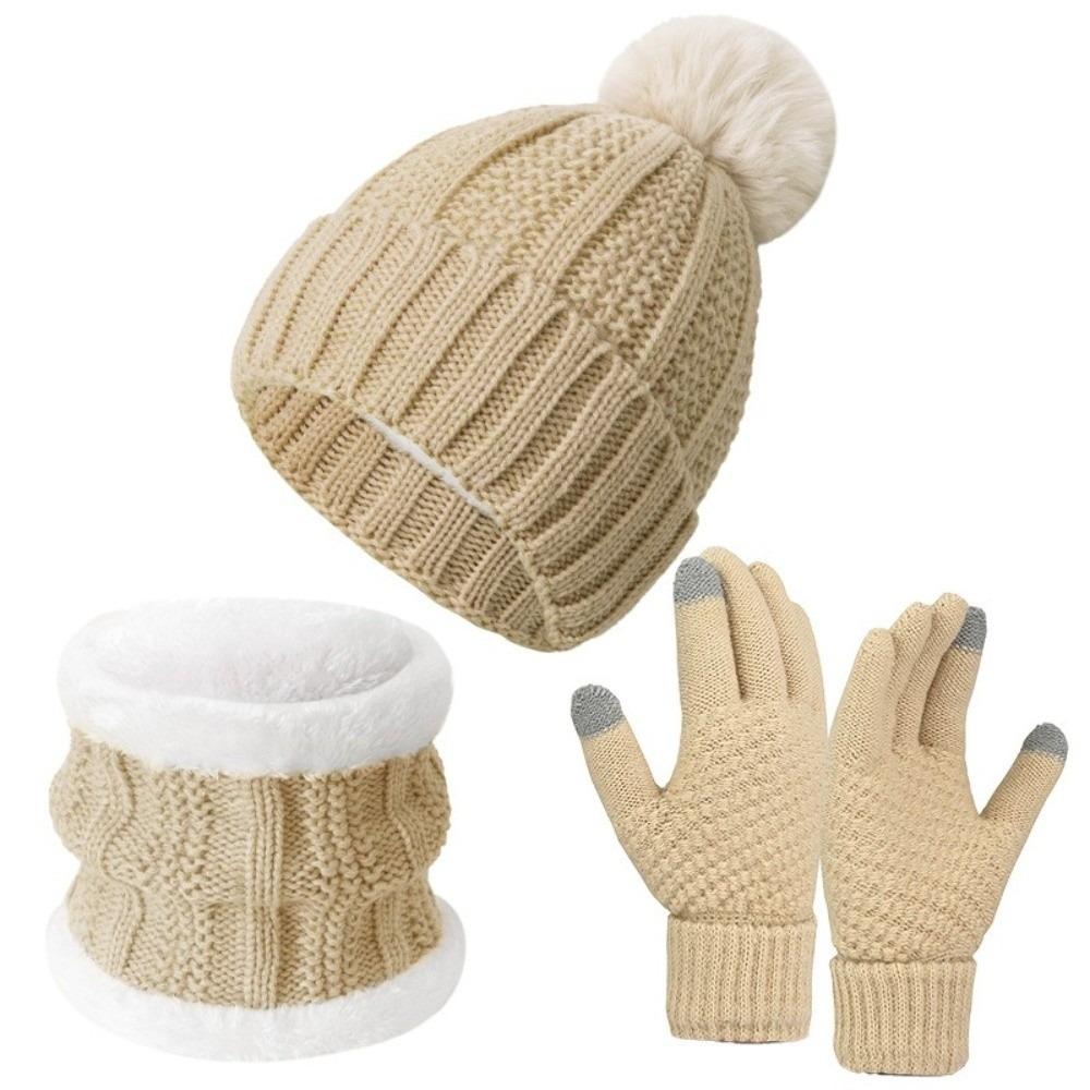 3pcs Soft Solid Color Hat Scarf Gloves Set Cute Pompom Thickened Knitted Hat with Velvet Keep Warm Beanie Hat Kids
