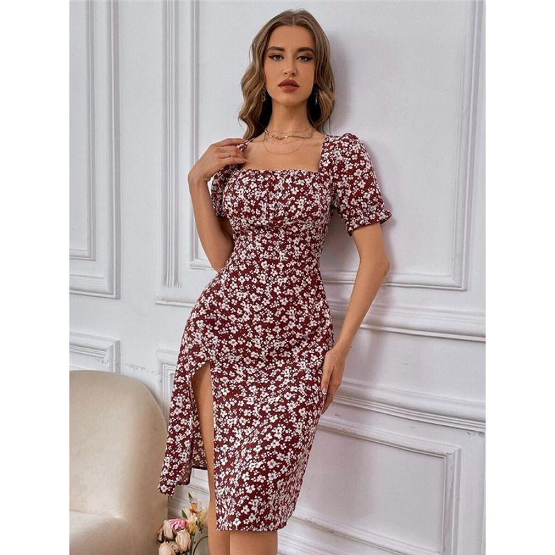 Fashion Slim Fit Split Short Sleeve French Style Floral Full Body Dress Sexy Slim Floral Slit Dress