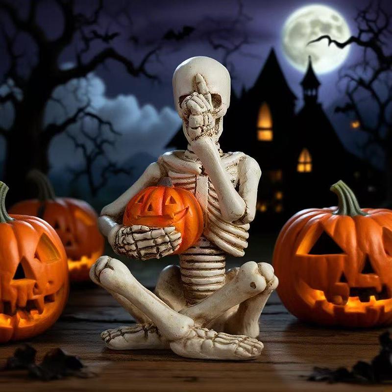 Sitzende Haltung menschliches Skelett Umarmt Kürbis Harzskulptur kleines Modell Halloween Dekoration Requisiten Personalisierte Wohnkultur