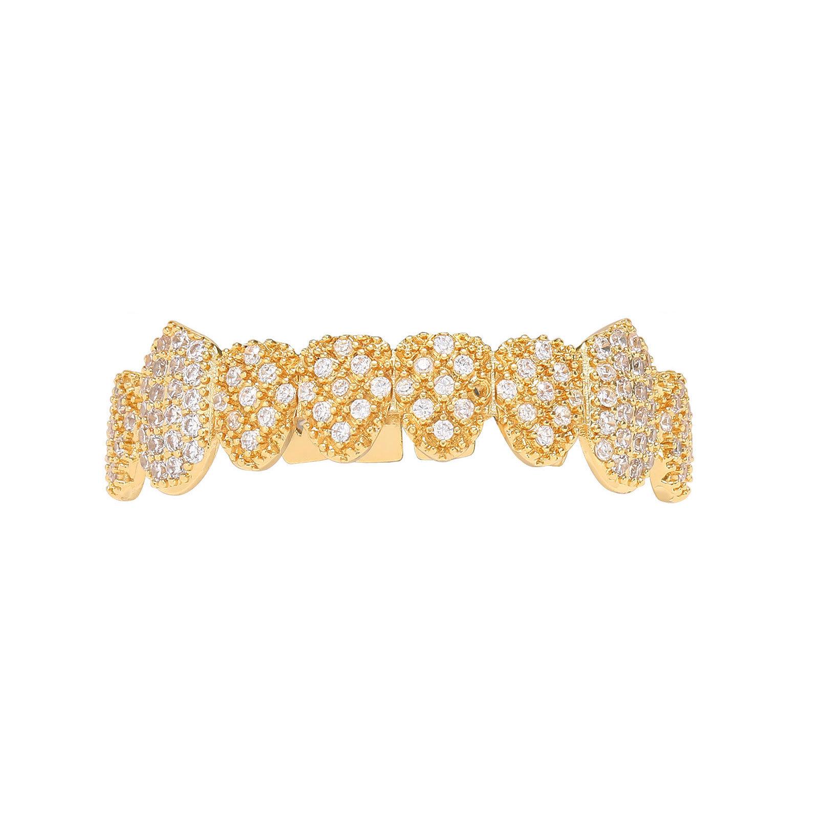 Exaggerated Punk Gold Teeth Grillz with Diamond Fangs