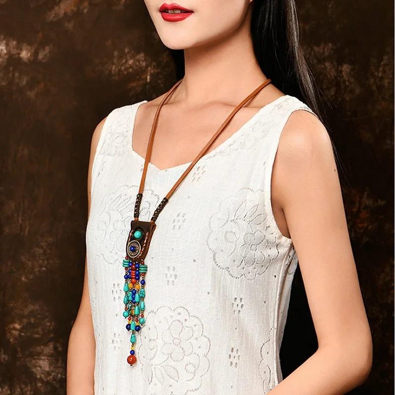 Fashion Long Tassel Leather Gemstone Necklace Women's Sweater Chain Niche Jewelry Necklace Wearing Matching Accessories