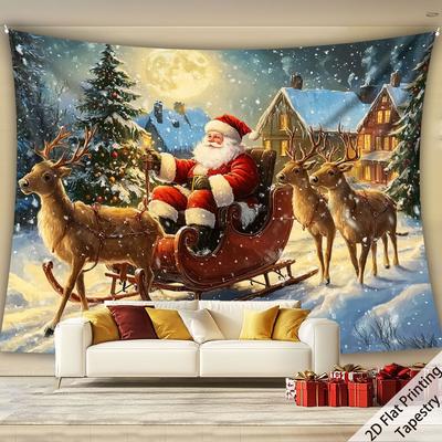 Winter Wonderland Tapestry, Large Santa Sleigh With Reindeers Polyester Wall Decor For Indoor Outdoor Christmas Party Background