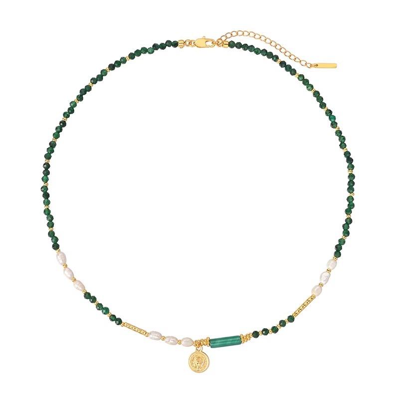 Baroque Small Silver Bar Freshwater Pearl Necklace Temperament Fashion Indian Agate Green Crystal Beaded Necklace Women