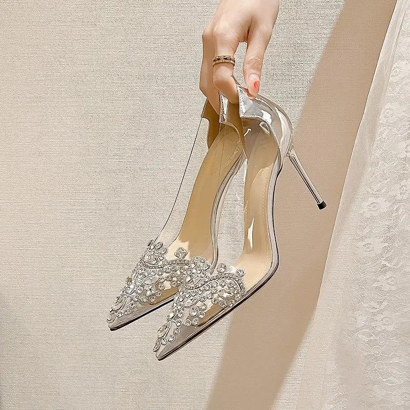 Fashion Woman Pumps Pointed Toe Rhinestone Clear Silver Shoes for Women Genuine Mark With Discount Non Slip On Promotion Popular Fashion