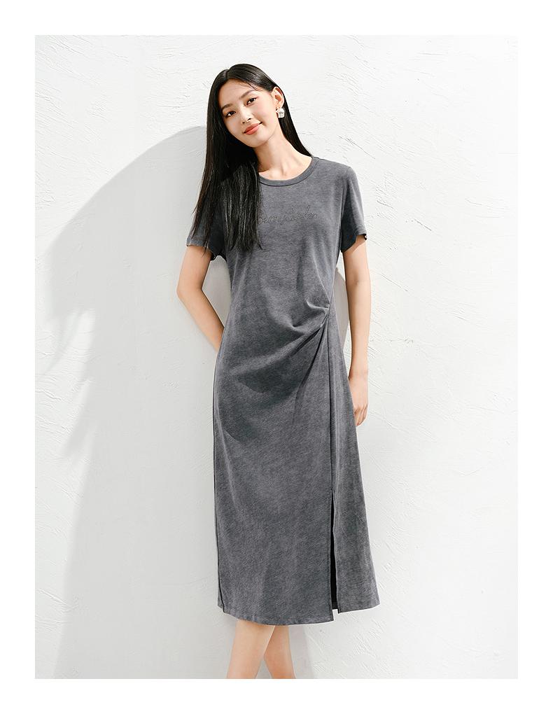 Jiuzi Anna Kou American Casual Age Reducing Hot Stamping Diamond Waist Slimming Loose Dress for Women 2025 Summer New Style