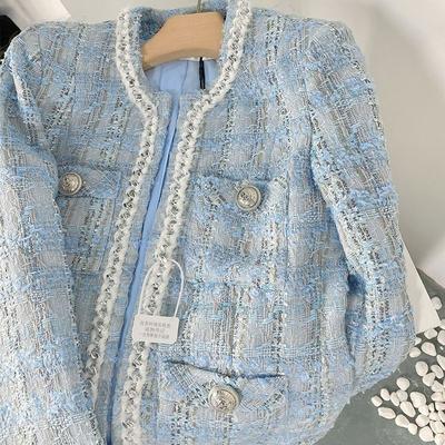 Autumn Blazer Women's Small Woven Tweed Gentle and Elegant Short Quilted Plaid Jacket Office Women's Cardigan Top Coat